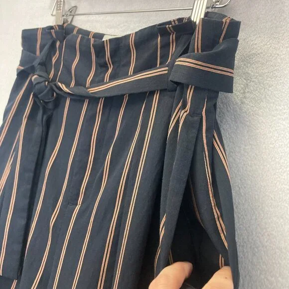 Vince Wide Leg Paperbag Belted Dress Pants Womens 6 Blue Striped Preppy Crepe